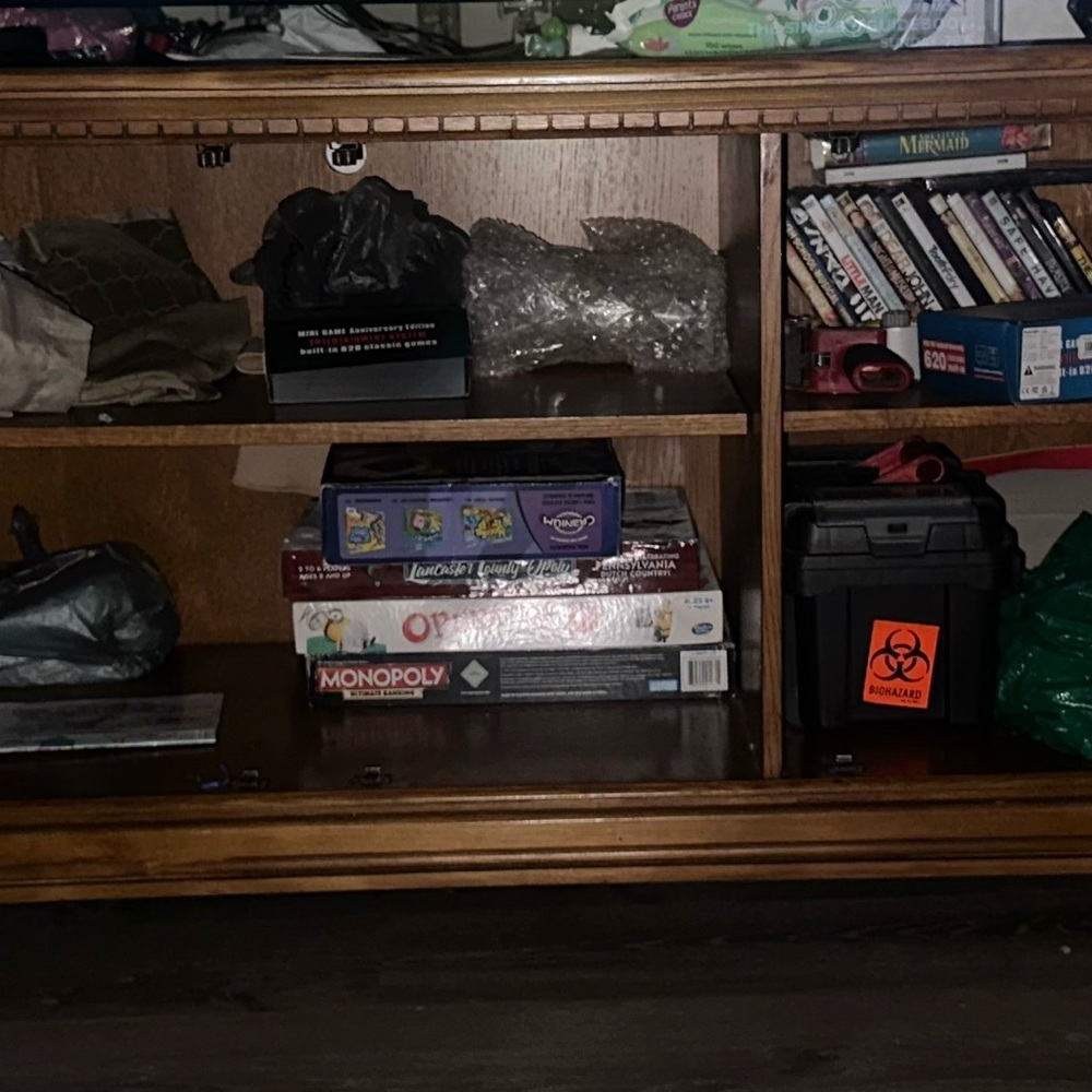 Tv stand with shelve in bottom.  Good heavy duty stand.  Missing front doors